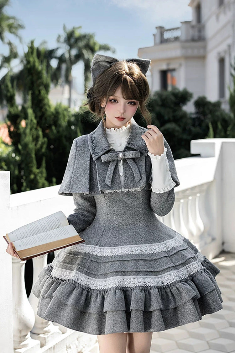 Classic Elegant Lolita Dress with Stand Collar and Ruffled Bow - Grey