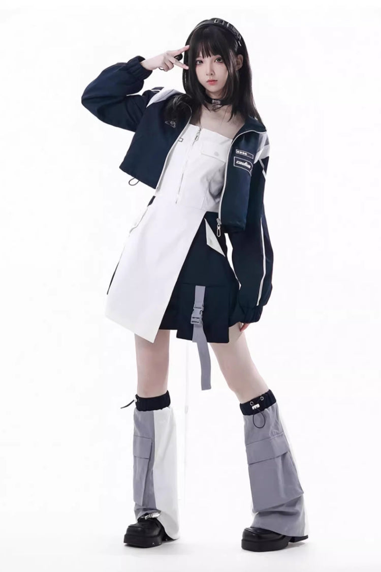 Blue/White Message Overload Techwear Long Sleeves Embroidered Asymmetric Zippered Jirai Kei Dress & Coat Set
