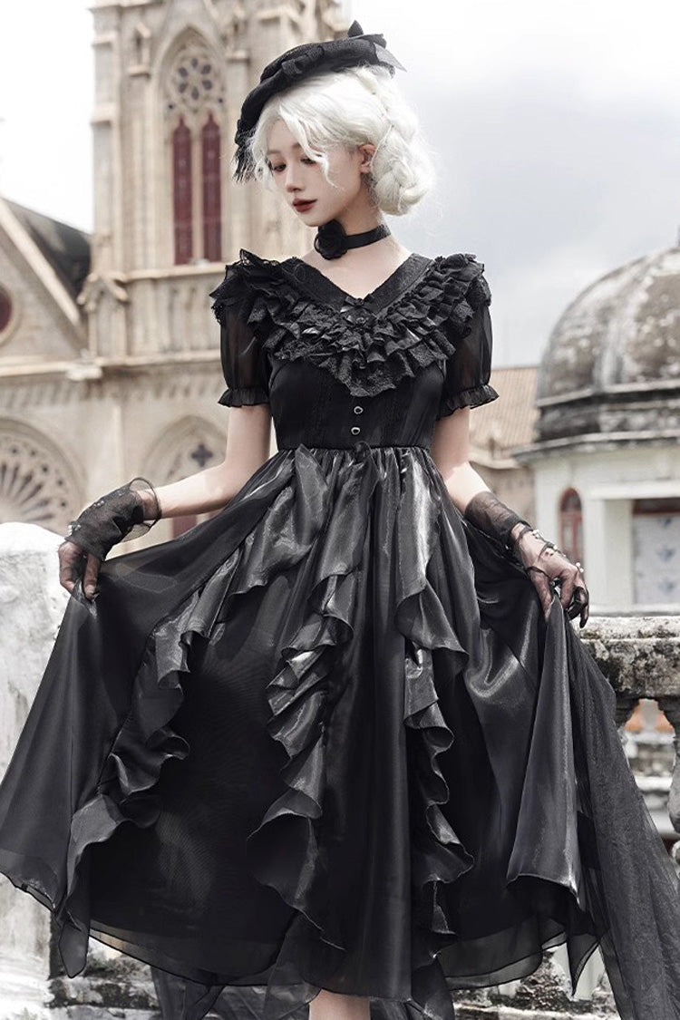 Lace-Trim Puff-Sleeve Gothic Lolita Dress