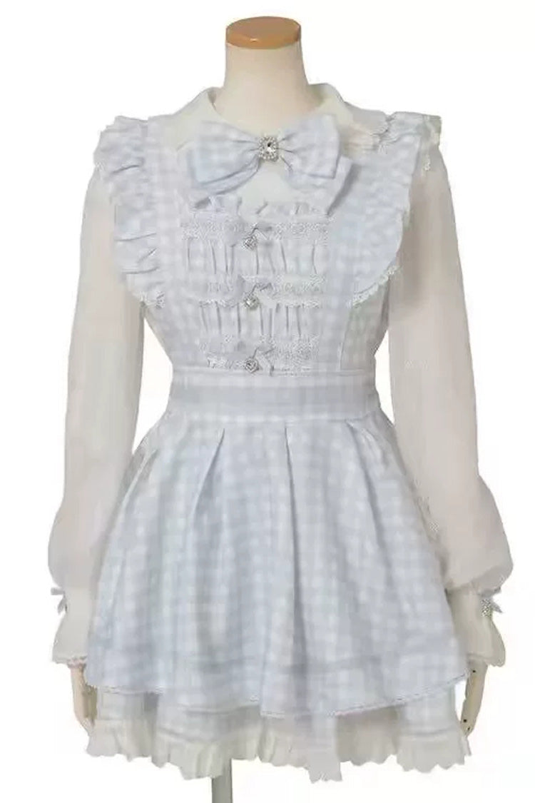 Lapel Collar Plaid Print Bow Plus Size Jirai Dress and Shorts Set in Three Colors