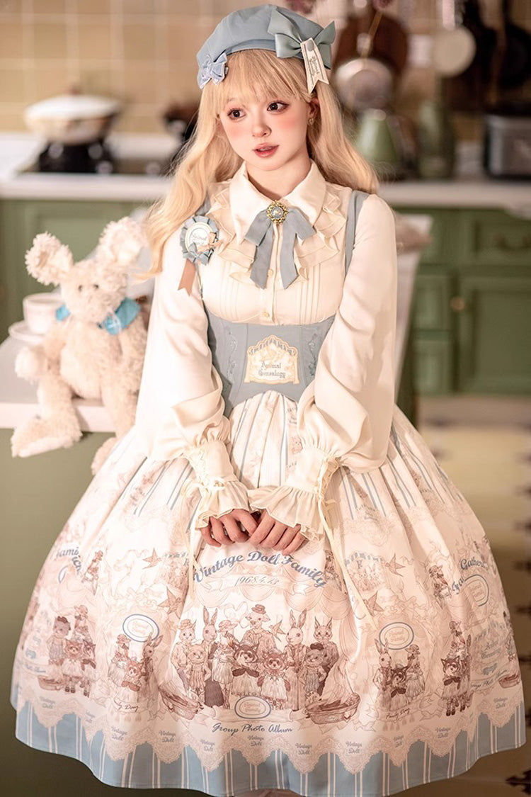 Dollhouse Print Long JSK Dress with Embroidery and Ruffles
