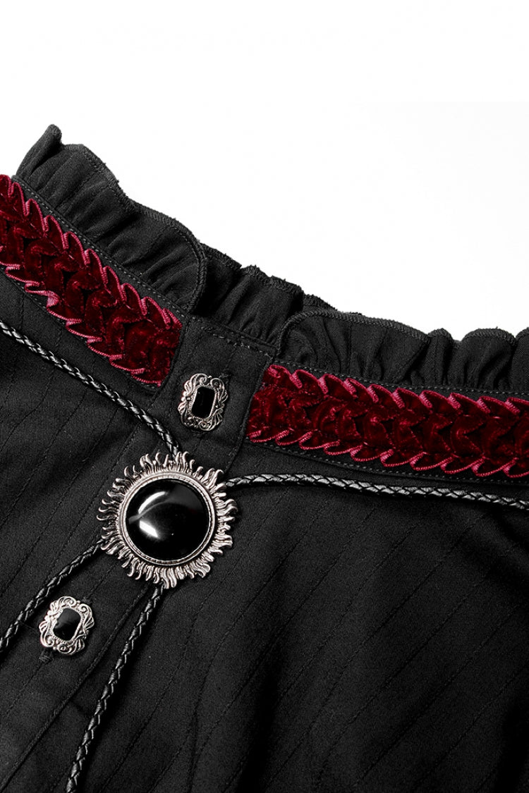 Crimson & Noir Retro Metal Button High Collar Lantern Sleeve Men's Shirt