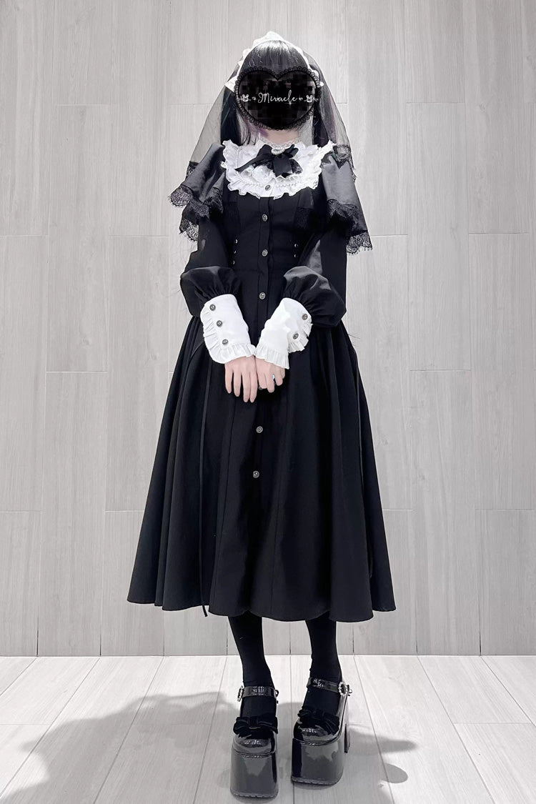 Gothic Jirai Kei Long Dress with Lace-Up Ruffled Bow Sleeves