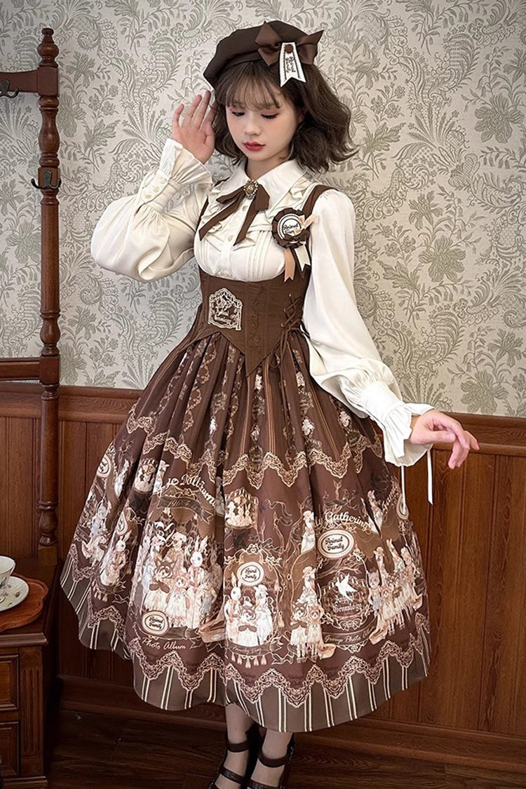 Dollhouse Print Long JSK Dress with Embroidery and Ruffles