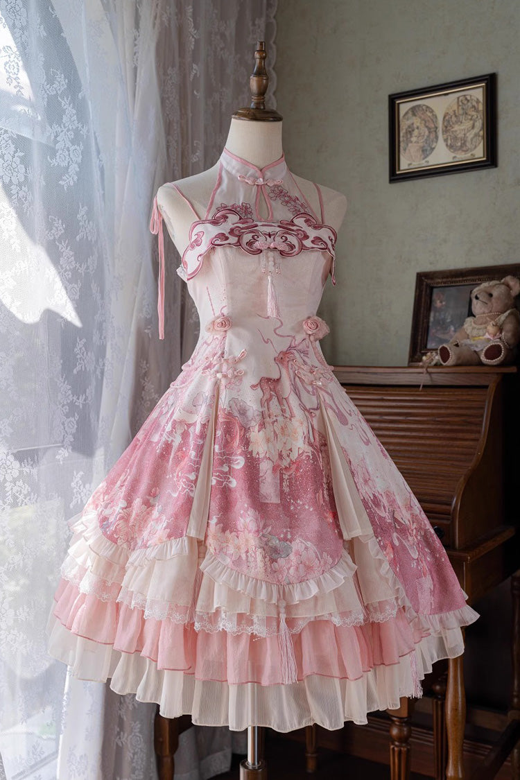 Flower Feast Pink Multi-Layered Print Ruffle Bowknot Sweet JSK Dress