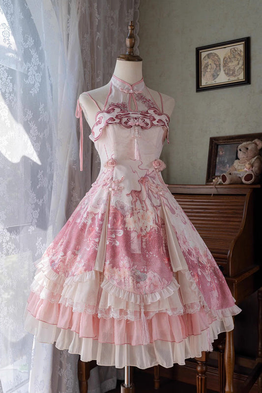 Flower Feast Pink Multi-Layered Print Ruffle Bowknot Sweet JSK Dress