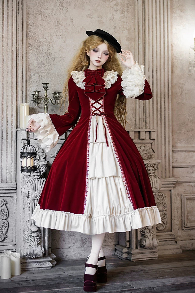 Gothic Lolita Dress with Ruffled Open-Front Bow and Lace-Up - Red