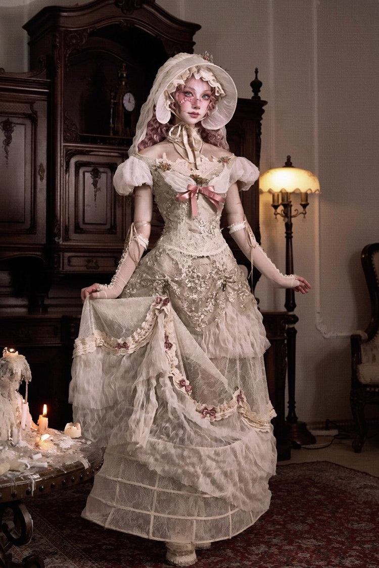 Light Brown Cupid’s Poetry Box Boat Neck Short Puff Sleeves Ruffled Cut-Out Embroidered Bow Lace Gothic Elegant Lolita Skirt Dress and Top Set