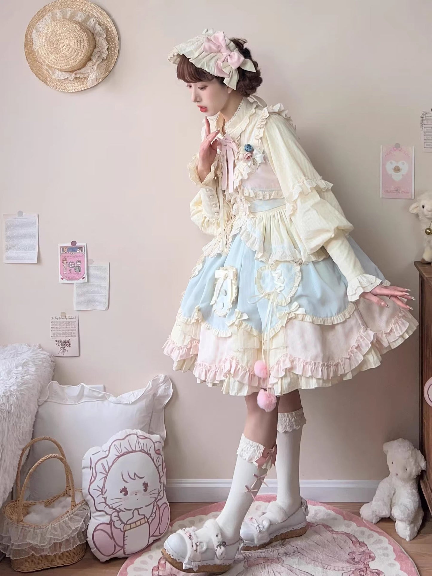 Sleeveless Multi-Layer Ruffle Bow Lace Sweet Lolita Jumper Dress Short - Multi Color