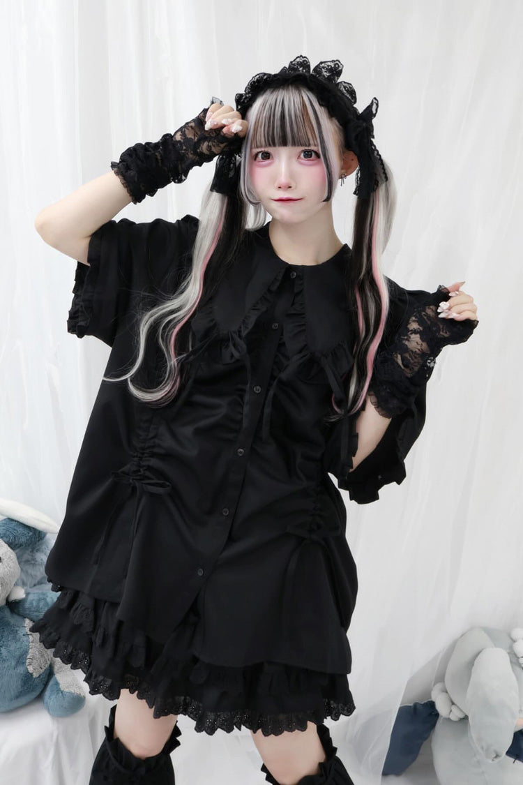 Japanese Blouse with Doll Collar, Long Sleeves, Ruffles, and Bow, 3 Colors