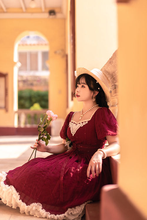 Burgundy Classic Square Neck Short Sleeve Layered Ruffled Elegant Lolita Dress