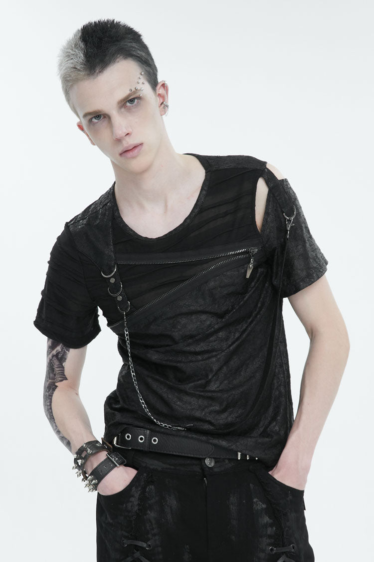 Obsidian Punk Tee with Zippered Chest and Asymmetric Neckline