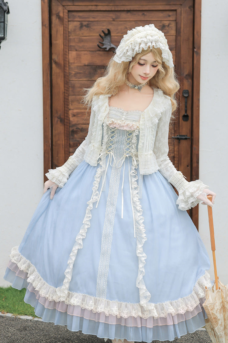 Island Diary Square Collar Flutter Sleeves Triple-Layered Ruffled Lace-Up Sweet Lolita Jsk Dress 2 Versions - Blue