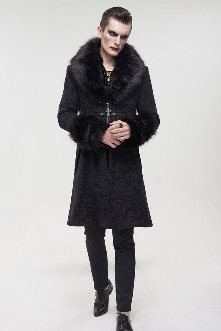 Gothic Men's Coat with Removable Fur Collar, Button Accents