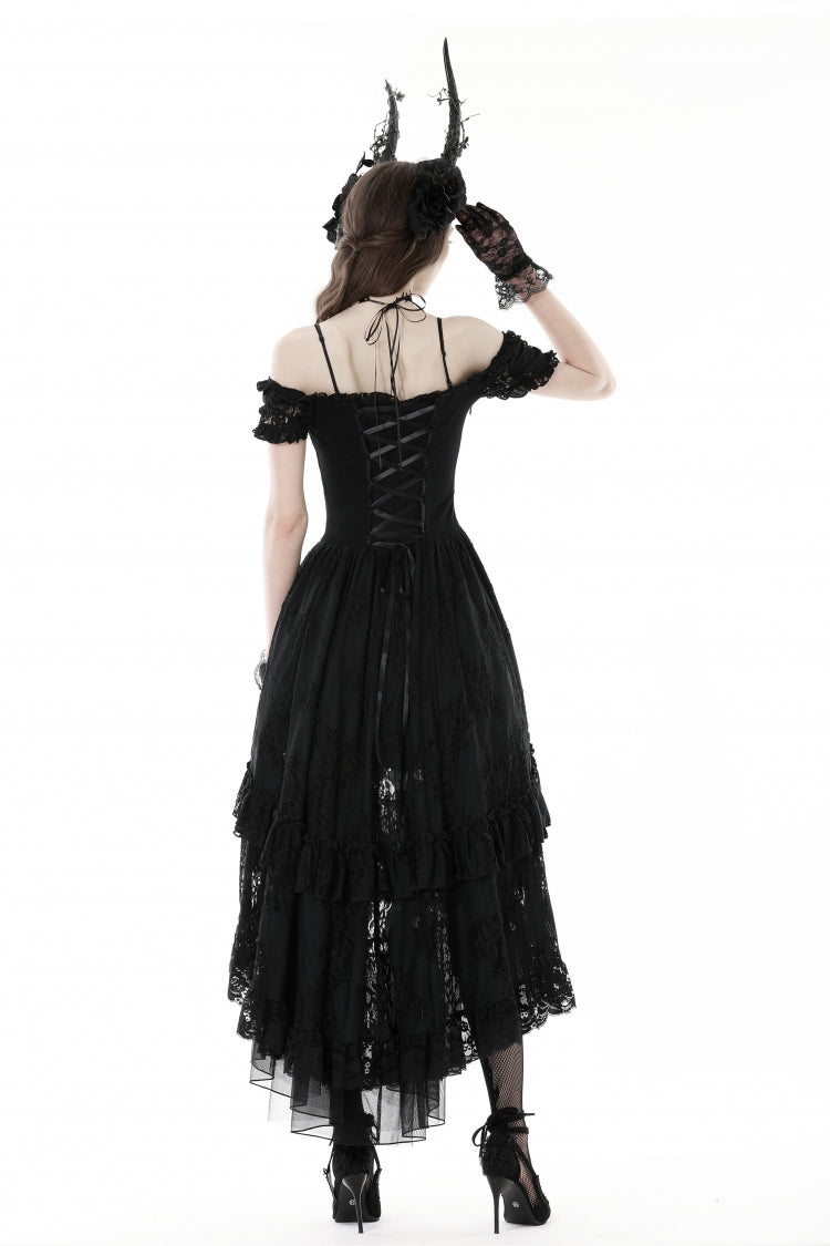 Black Boat Neck Off-Shoulder Short Puff Sleeve Ruffled Lace Lace-Up Irregular Gothic Dress