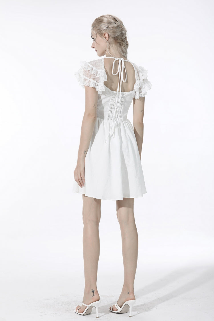White Layered Lace Square Collar Strappy Gothic Mini Dress