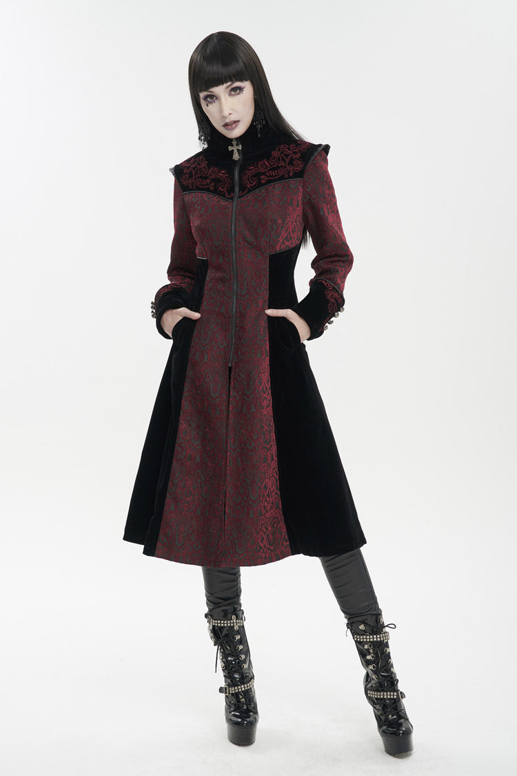 Crimson Studded Jacquard Cross-Embroidered Mushroom Buckle Gothic Jacket