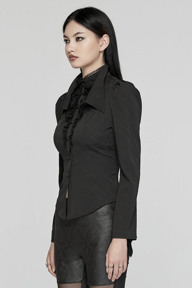 Jet-Black Gothic Blouse with Puffed Sleeves and Stitched Lace for Women