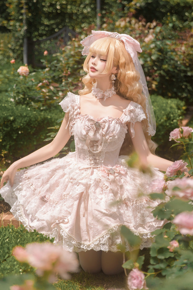 Anna's Ball Square Collar Ruffled Hanayome Bow Lace Ballet JSK - Pink