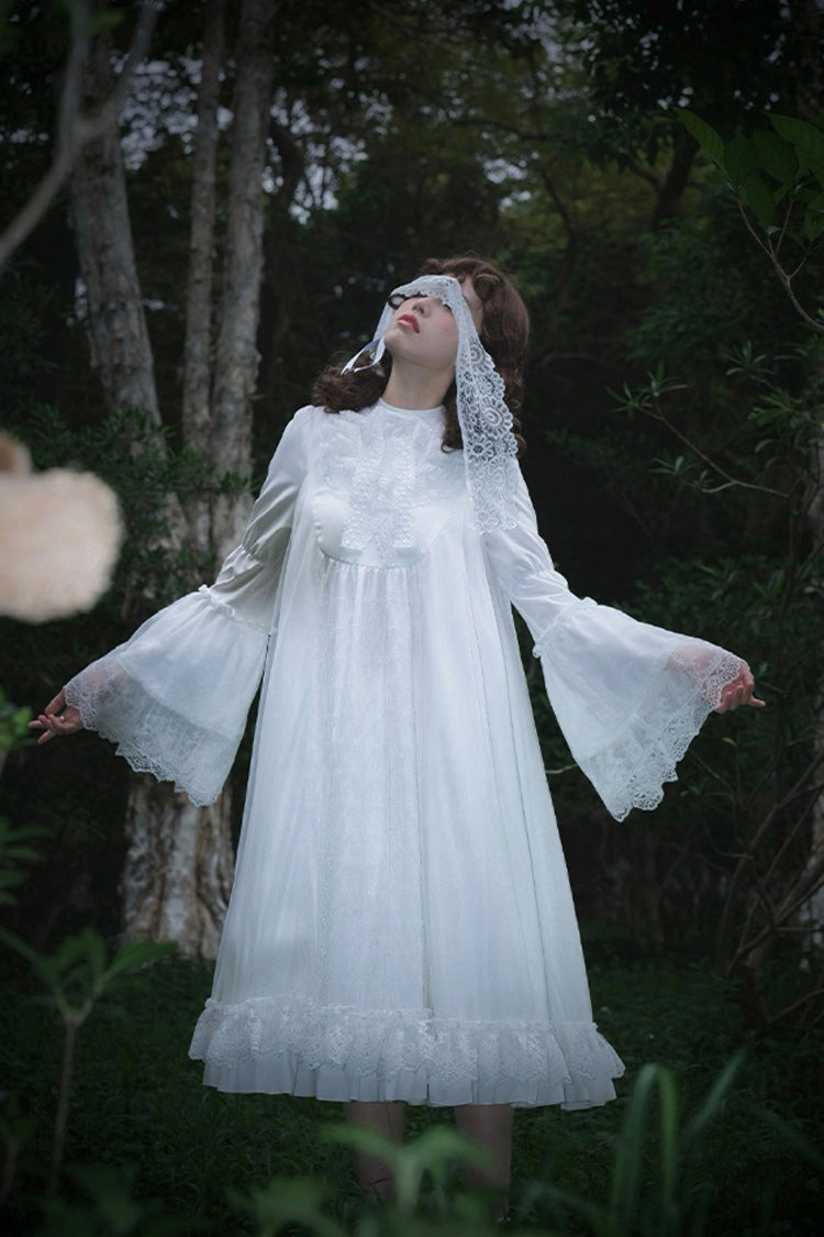 Ivory Stand Collar Long Sleeve Gothic Dress with Lace - Requiem