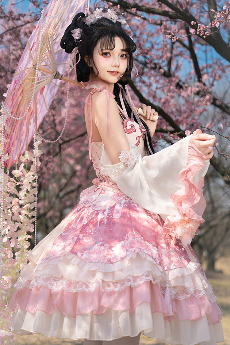 Flower Feast Pink Multi-Layered Print Ruffle Bowknot Sweet JSK Dress