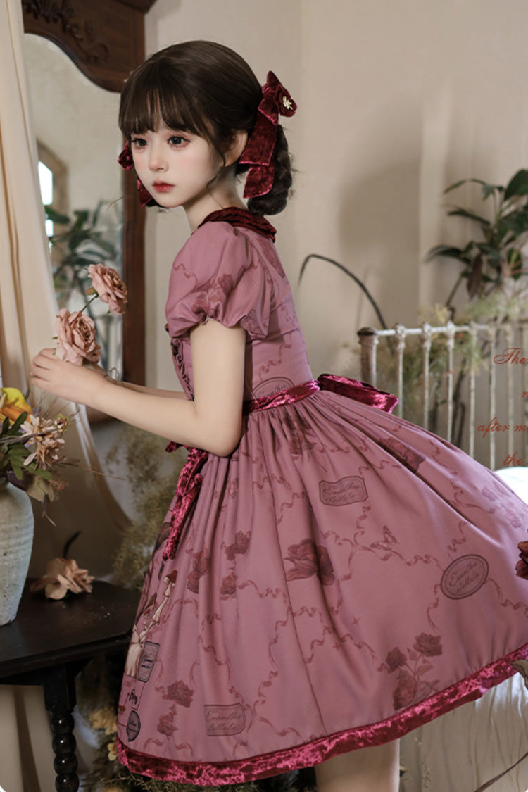 Short Sleeve Rabbit Sunflower Print Ruffle Embroidery Bow Sweet Dress in Red