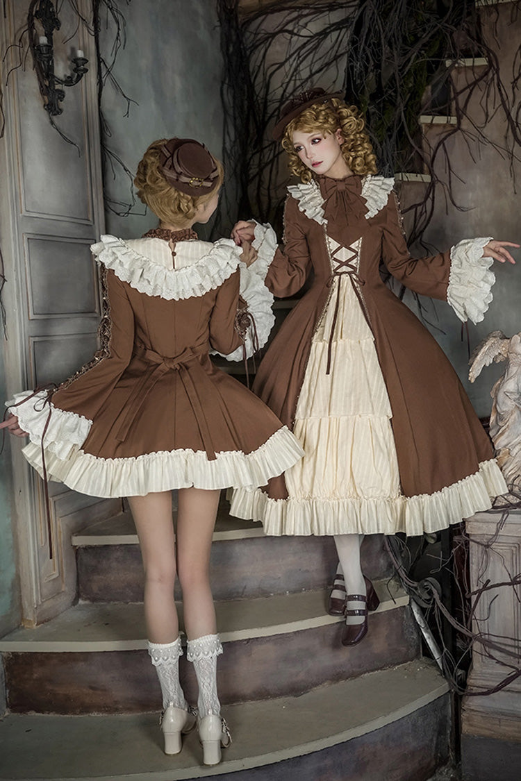 Brown Beige Nutcracker Stand Collar Long Trumpet Sleeves Ruffle Cardigan Lace-Up Sweet Lolita Dress Set
