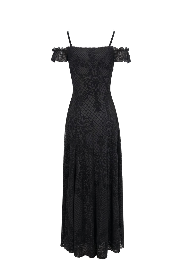 Raven Velvet Off-Shoulder Lace Gothic Dress with Ruffled Hem