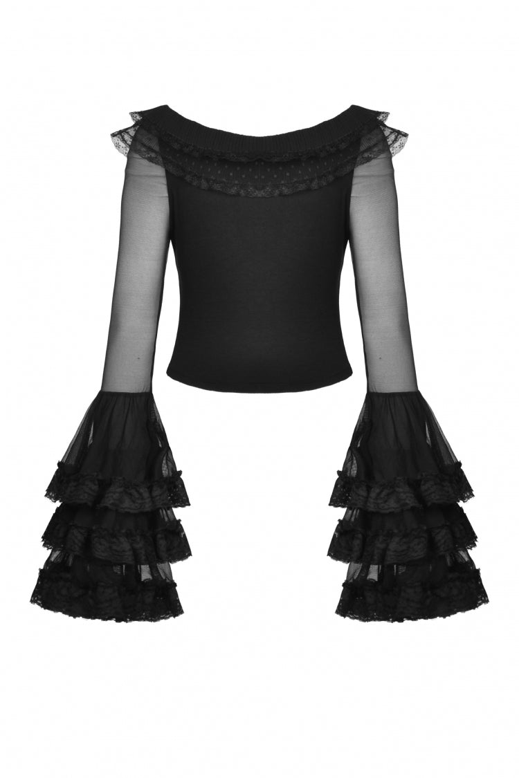 Gothic Women's Top with Trumpet Sleeves and Ruffles, Black
