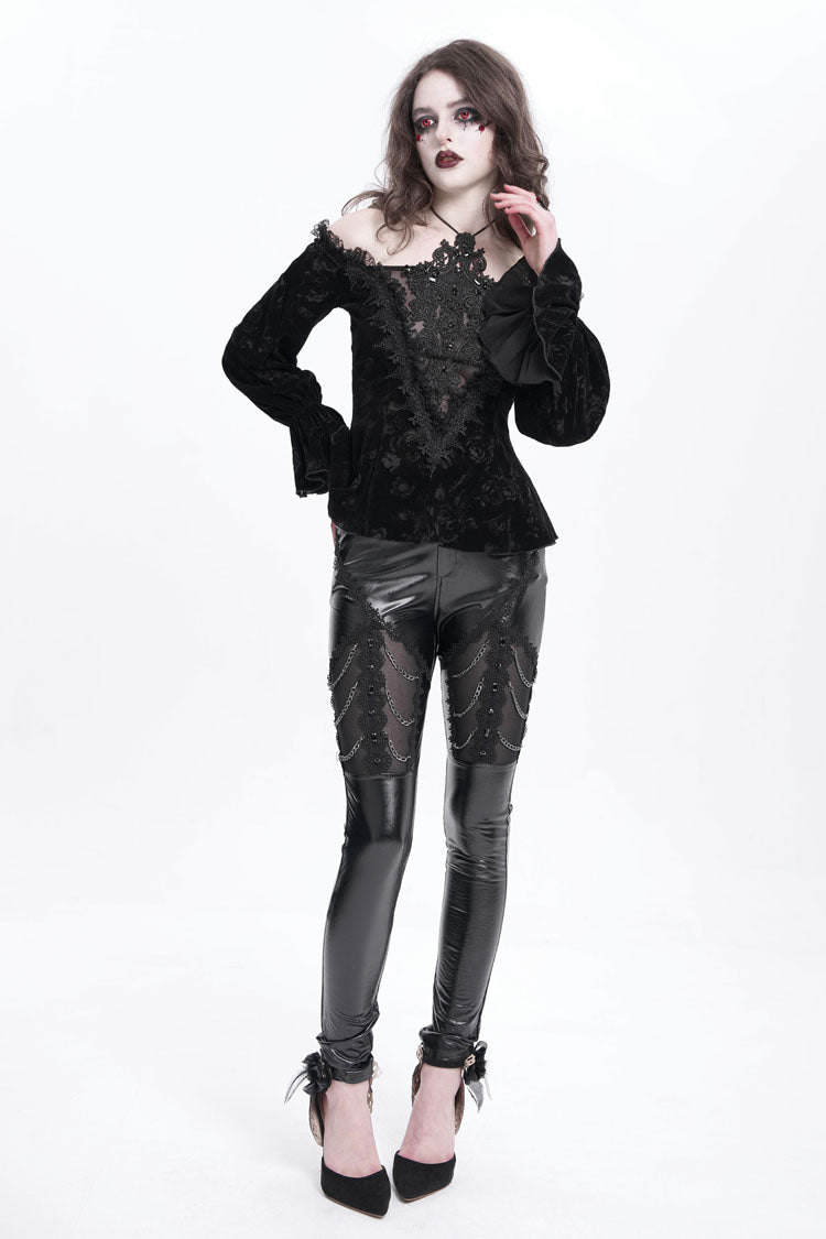 Gothic Pants with Faux Leather Stitching Lace and Chain