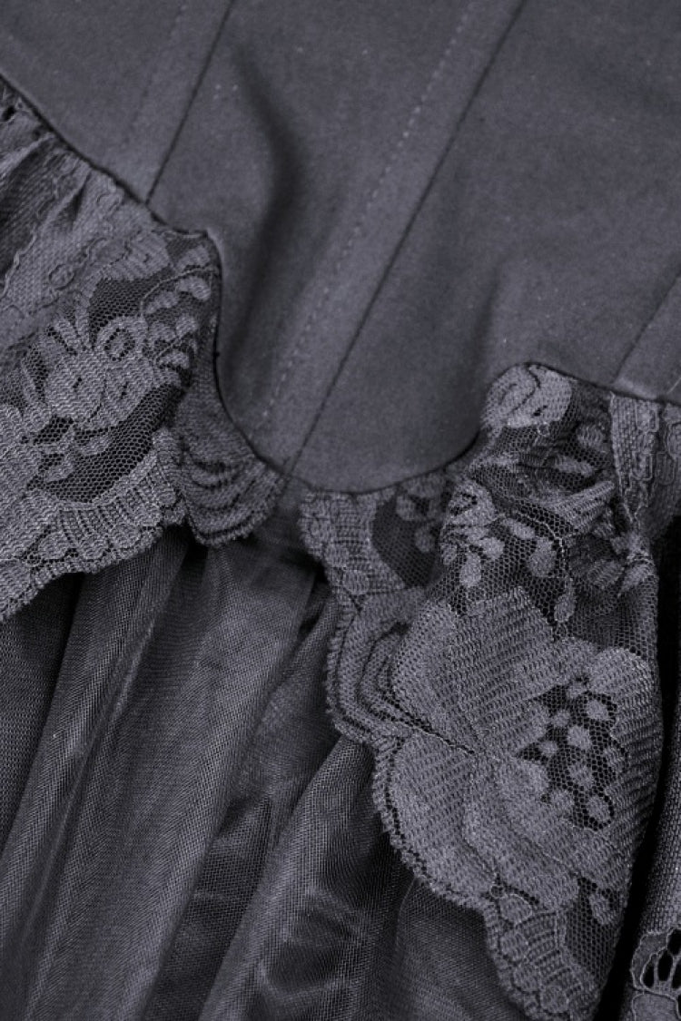 Black Boat Neck Off-Shoulder Short Puff Sleeve Ruffled Lace Lace-Up Irregular Gothic Dress