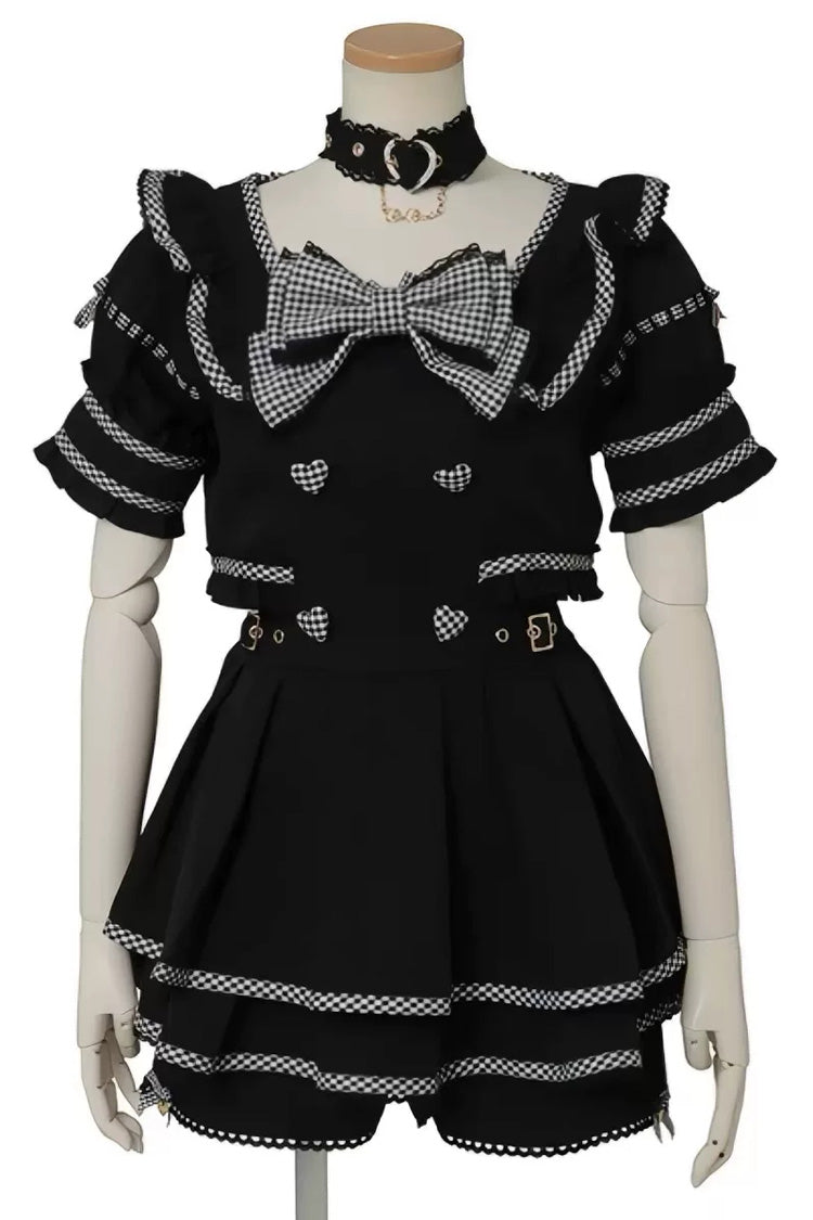 Cute Bow Print Square Neck Short Sleeve Plus Size Jirai Dress with Matching Shorts