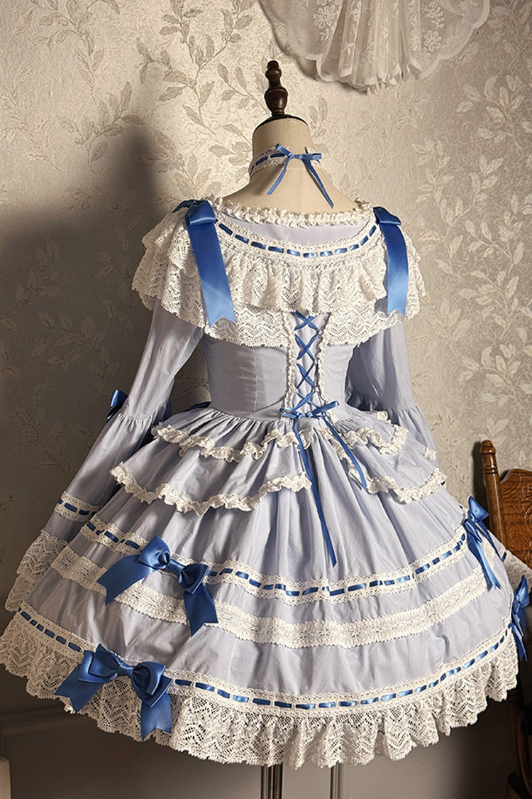 Blue/White Rabbit Sleeping Doll Long Trumpet Sleeves Ruffle Ribbon Lace Girly Lolita Dress