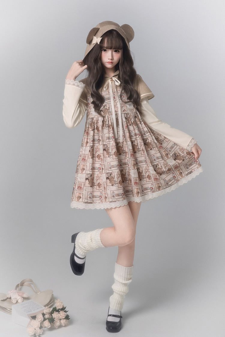 Bear Stamp Long Sleeve Printed Hooded Sweet Dress