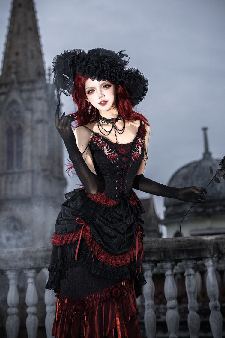 Black/Red Embroidered Lace-Up Gothic Skirt Set with Ruffles