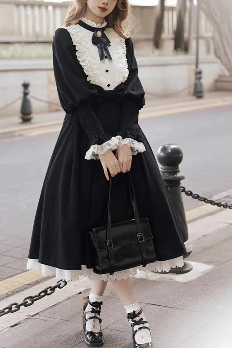 Black-White Silent Poetry Nun Bowknot Long Sleeve Gothic Lolita Dress