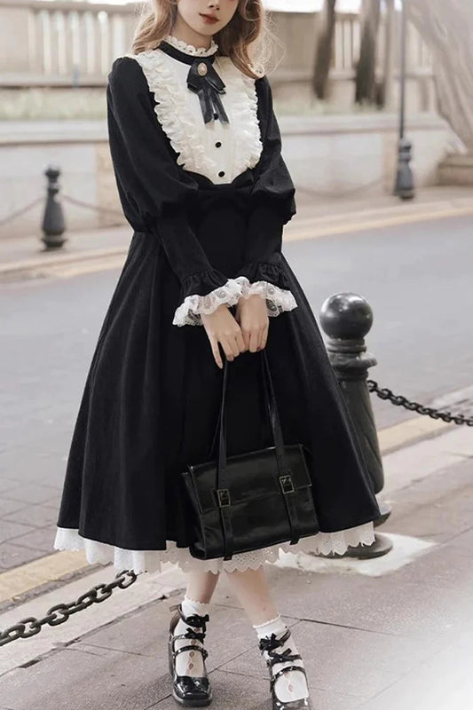 Black-White Silent Poetry Nun Bowknot Long Sleeve Gothic Lolita Dress