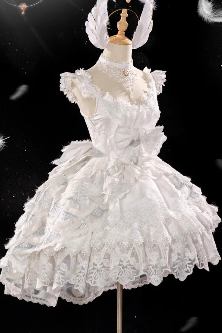 Ivory Peacock Feather Multi-Ruffle Bridal Cardigan Bow Lace Lolita JSK Set