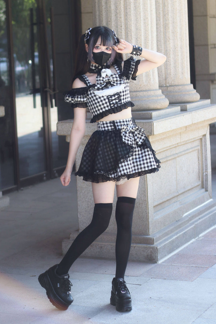 Jirai Kei Skirt Set with Plaid Print and Lace-Up Front - Night Rabbit Dream, Short Sleeves