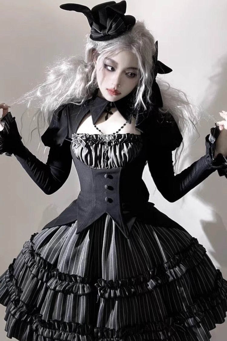 Charcoal Striped Long-Sleeve Ruffled Lace Dress - Duke of the Trap Rabbit
