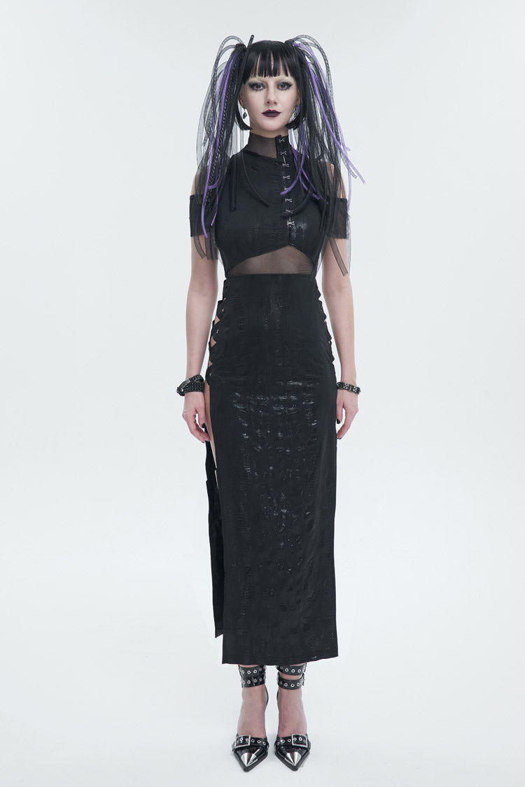 Knit Paneled Mesh Side Slit Punk Dress for Women