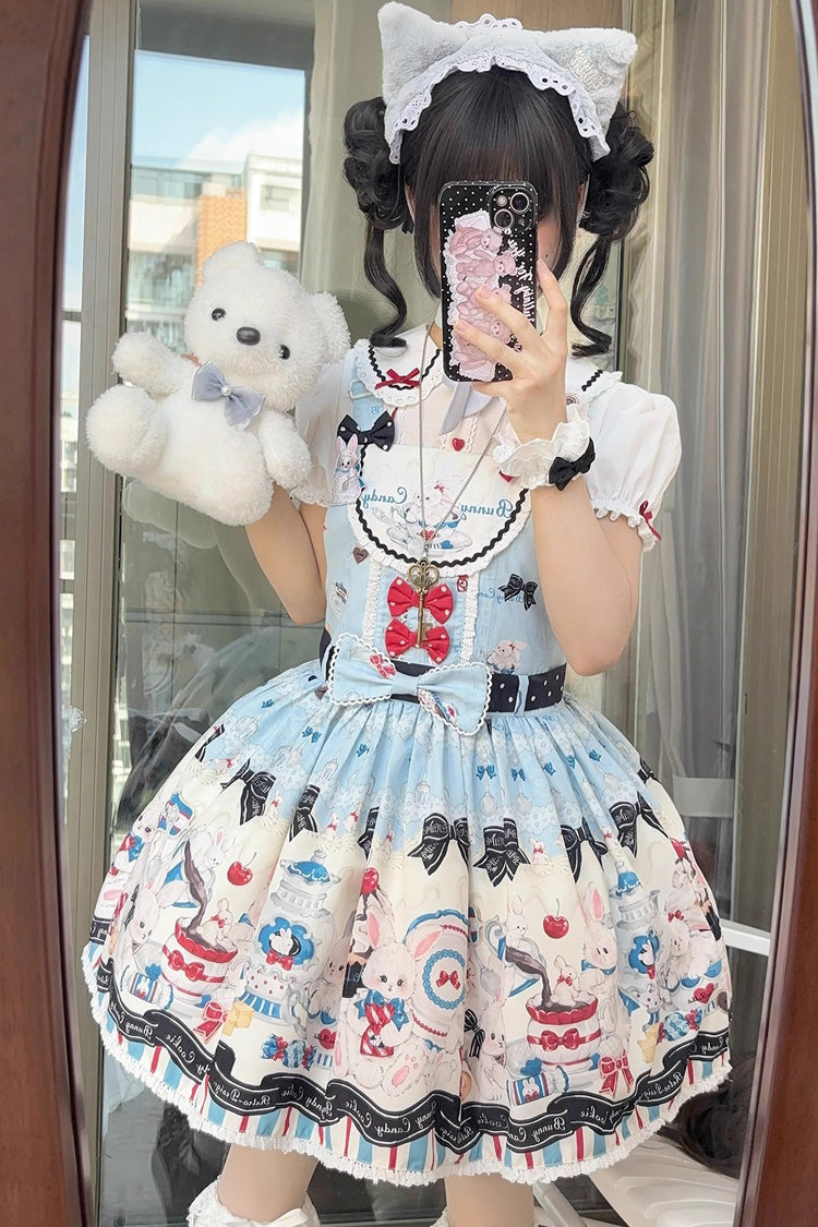 Sleeveless Print Bowknot Lace Sweet Lolita Strap Dress Blue