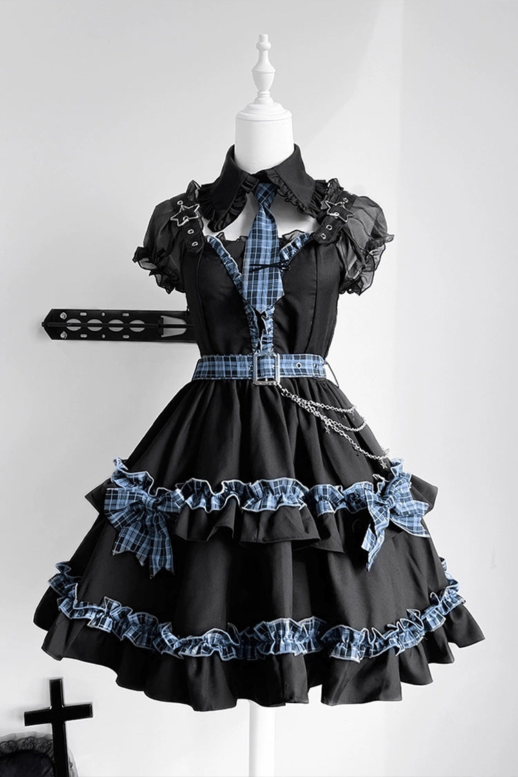 Noir Chain Ruffled Bow Buckle College Style Dress Set - Dark Night Starlight