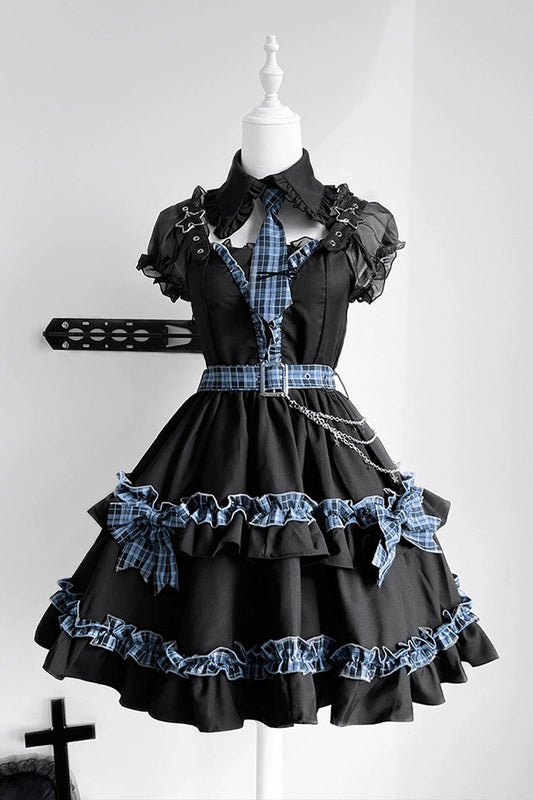 Noir Chain Ruffled Bow Buckle College Style Dress Set - Dark Night Starlight