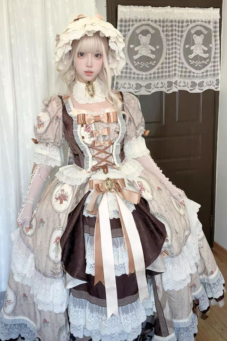 Baker Street Tea Party Short Sleeve High Waist Print Ruffle Embroidery Cardigan Bow Lace-Up Vintage Princess