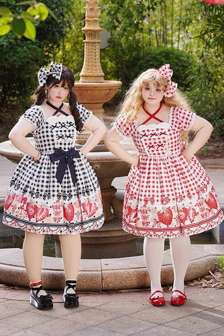Strawberry Plaid Print Bowknot Sweet Plus Size Princess Red Short Sleeves Dress