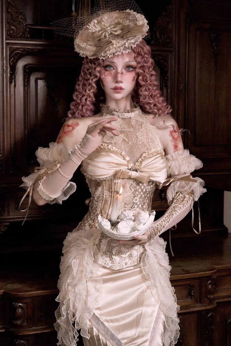 Golden Halterneck Embroidered Gothic Top and Skirt Dress Set - Cupid’s Poetry Box
