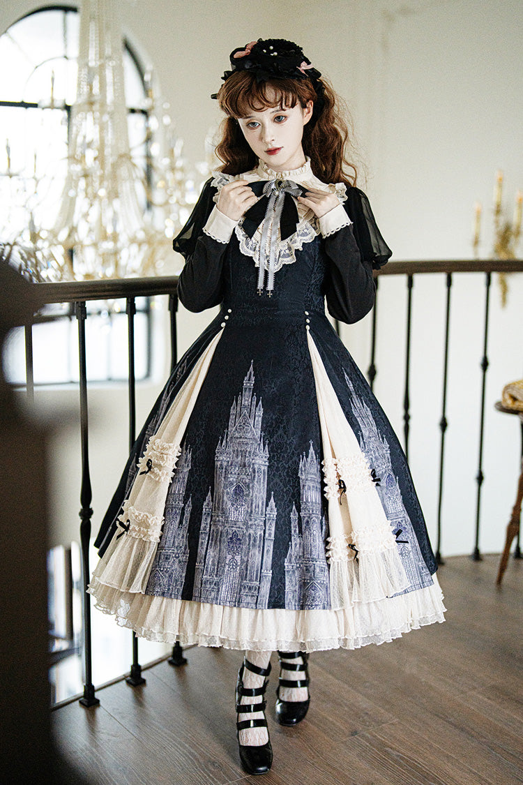 Black & White Church Bells Printed Ruffled Cardigan Bow Elegant Gothic Lolita Dress