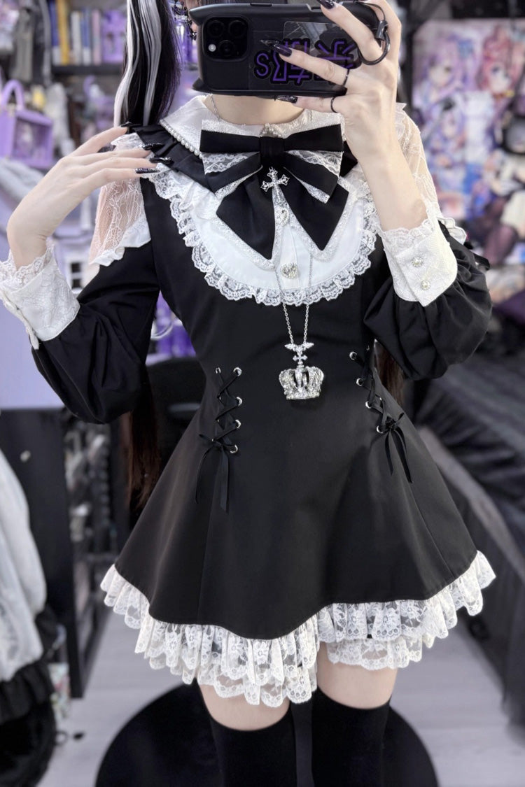 Black and White Divine Love Cut-Out Bow Lace-Up Dress and Shorts Set