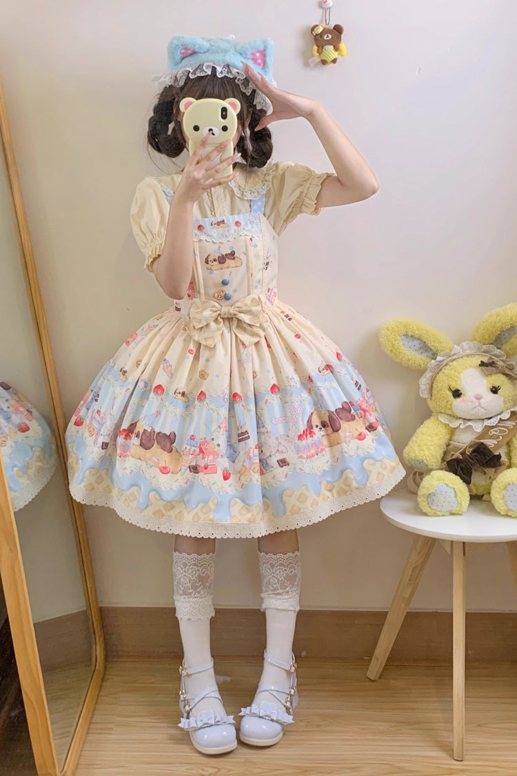 Cream Party Printed Bow Stitching Lace Sweet Lolita JSK Dress